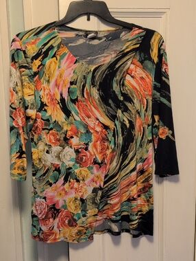 Womens Floral Swirl V-Neck Top - Black Multi L